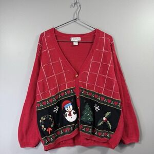 Dressbarn Sweater Womens 16 Red Christmas Snowman Cardigan Knit Ugly Holiday